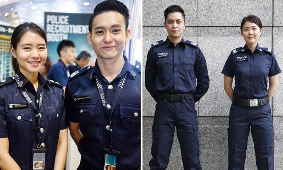Left: The old police uniform. Right: The new police uniform. Photos: The Straits Times, Singapore Police Force
