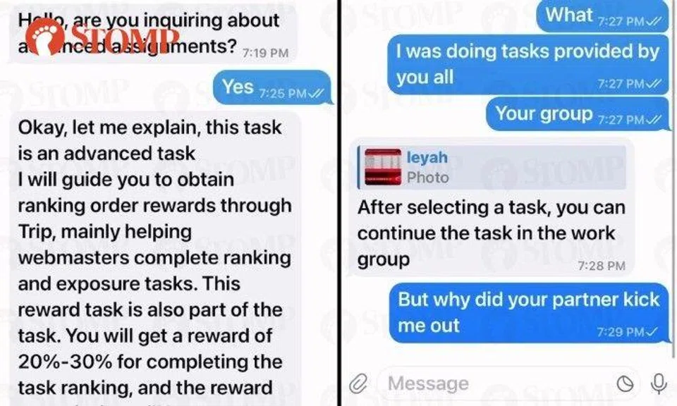 "They pay you $15, saying that we are promoting the business by liking them and making them appear in searches. After three such payments, they ask you to do a more advanced task – meaning you have to transfer them $200 to a PayNow number and then they would pay you back $240 within 15 minutes."