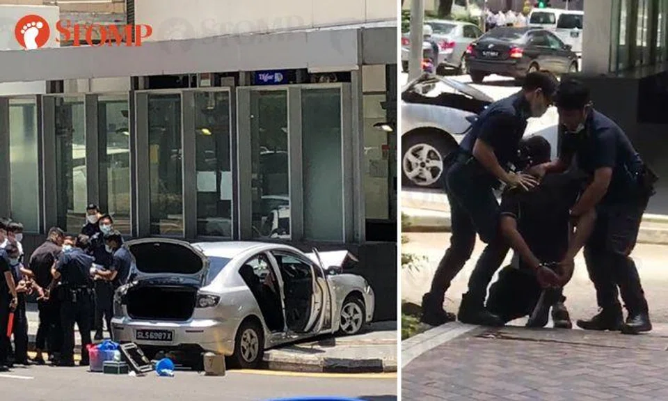 2 arrested, 4 including TP officer hurt in CBD drama: Driver on drugs hits car and taxi, mounts kerb during police chase