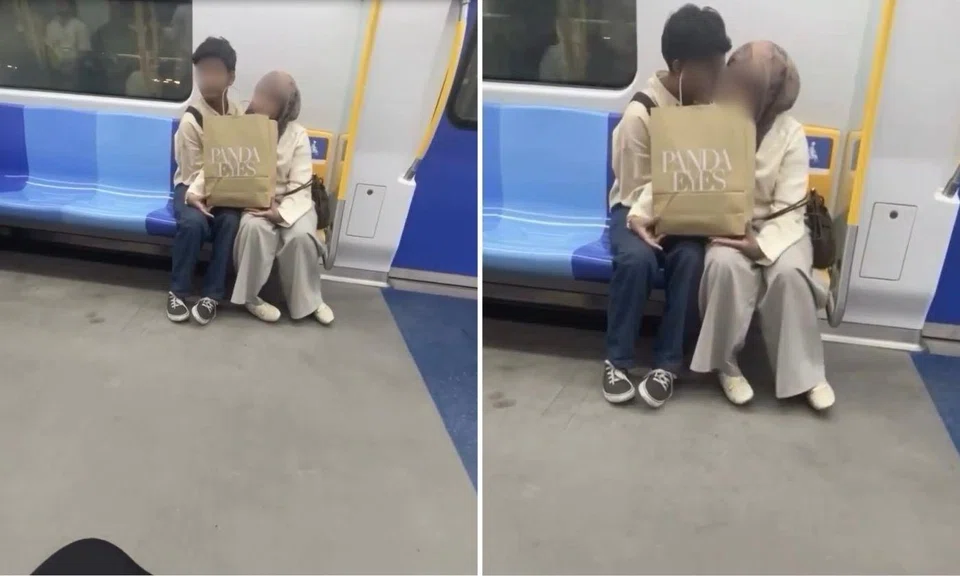 couple pda public display of affection malaysia mrt trains grab breasts shopping bag