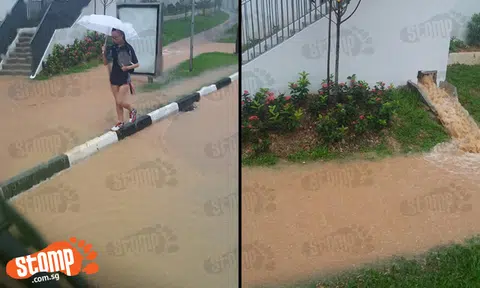 'Man-made waterfall' and ponding at NTU after heavy downpour