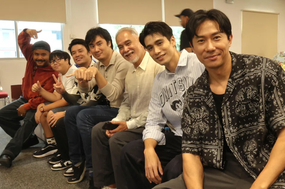 The team members behind Pace include (from left) actors Zaki Hussain, Albert Tan and Simon Khung, director Jonathan Choo, as well as actors Zhu Houren, Joel Choo and Desmond Tan. PHOTO: SHIN MIN DAILY NEWS