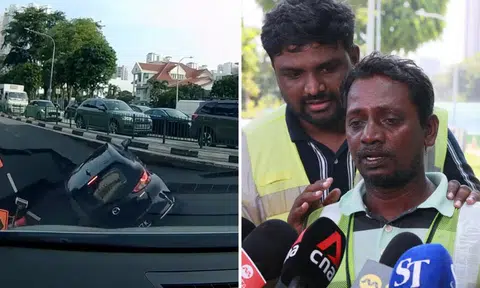 Sinkhole swallows car at Tanjong Katong Road, heroic workers hailed for rescuing woman