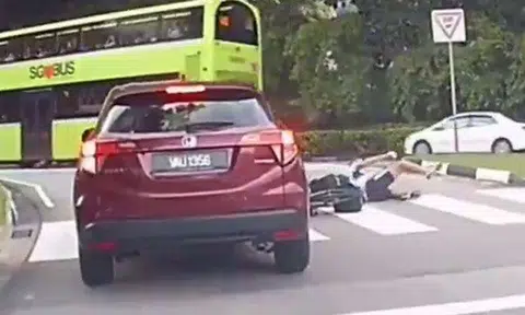 Car fails to stop at pedestrian crossing and knocks over cyclist