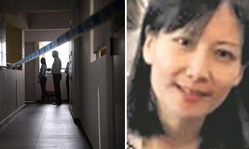 Officers inspecting the flat where Ms Tan Bee Leng (right) was found dead with stab wounds. 