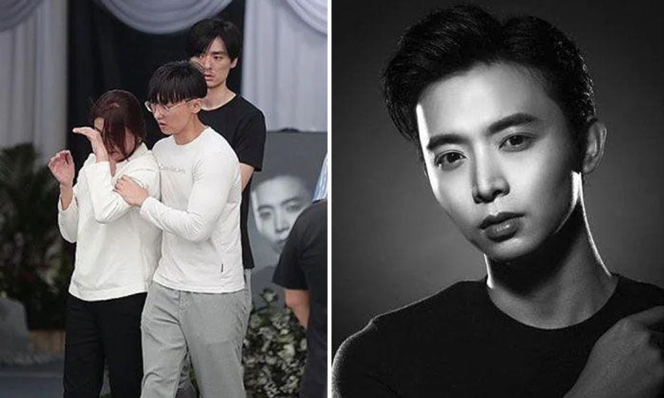 Actor Aloysius Pang's mother with other family members at his wake in MacPherson Lane (left). Mr Jefferson Pang, the actor's eldest brother, said in his eulogy that their mother doted on Aloysius a lot because he was the youngest. ST PHOTO: KELVIN CHNG