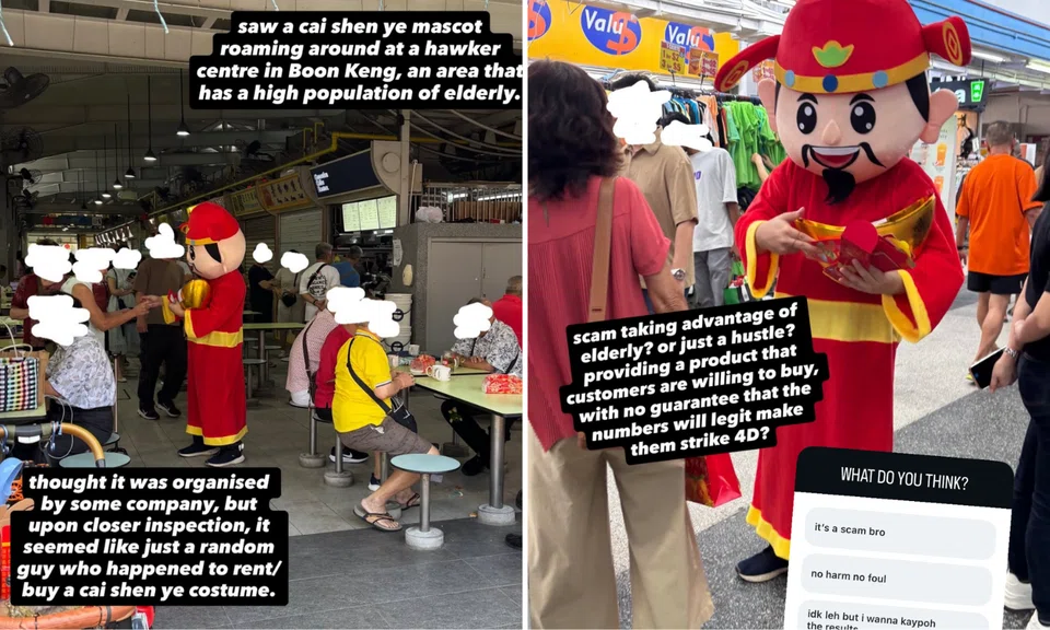 An individual wearing a God of Fortune mascot costume was allegedly seen selling 4-D numbers to seniors at Bendemeer Market & Food Centre on Feb 19.
