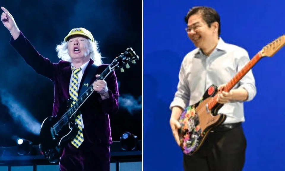 AC/DC in concert and Prime Minister Lawrence Wong with a guitar.