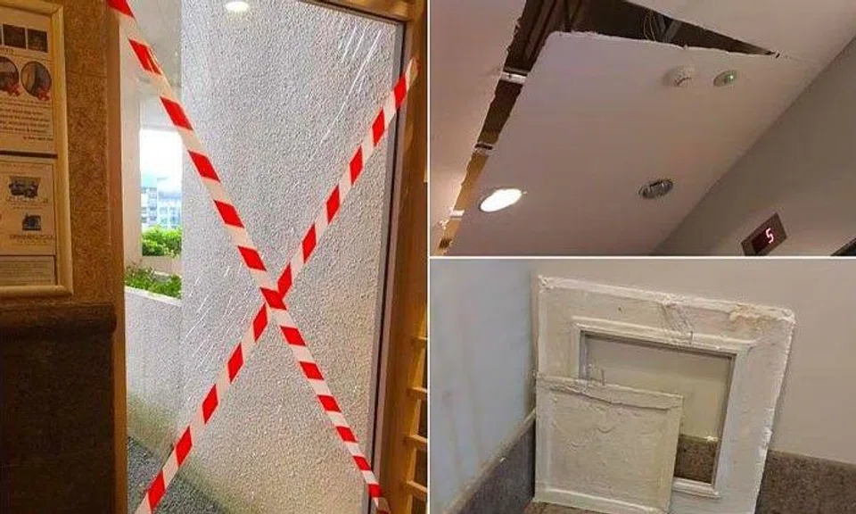 Shattered glass at the lobby of Block 21A and cracked ceilings and debris at the lobby of Block 17 of the Hazel Park condominium. PHOTOS: ST READER