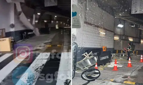 Footage of the accident shows a man wearing a neon yellow vest walking near the overhead duct moments before it comes crashing down. PHOTOS: SCREENGRAB FROM SGFOLLOWSALL/INSTAGRAM