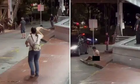 As the naked man struggled to his feet to get off the road, a woman was walking towards him until she caught sight of him and quickly changed direction to go around him.