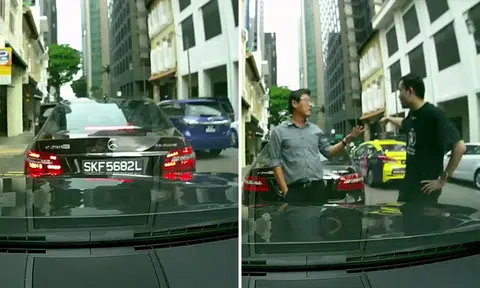Merc driver reverses into guy's car -- then shouts at him and walks away like he did nothing wrong