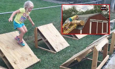 Dad makes Ninja Warrior course for daughter in backyard