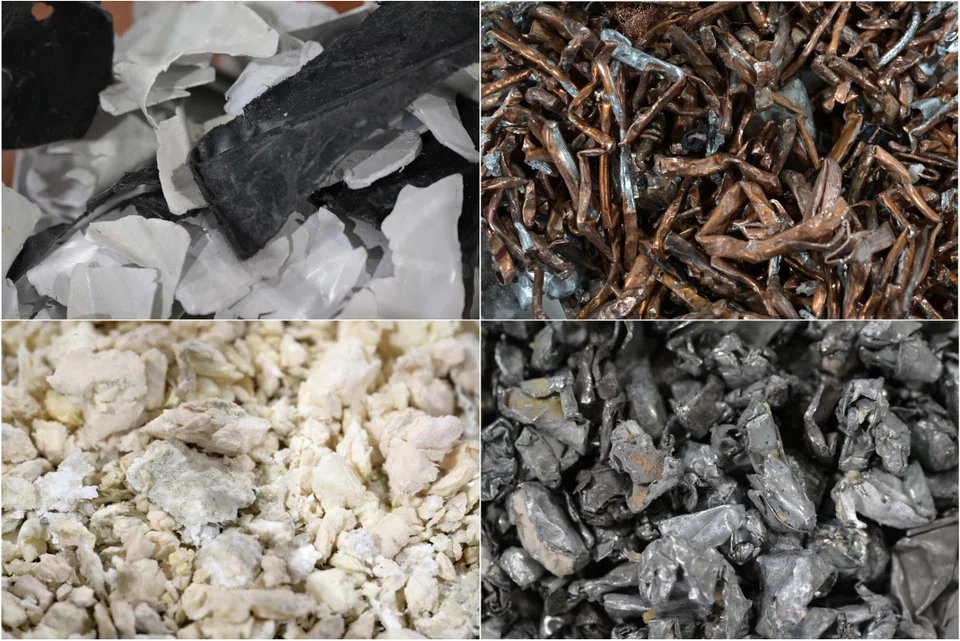 (Clockwise from top left )Plastic, non-ferrous metal, ferrous metal and foam recovered by crushing refrigerators at Cimelia Resource Recovery centre in Tuas.