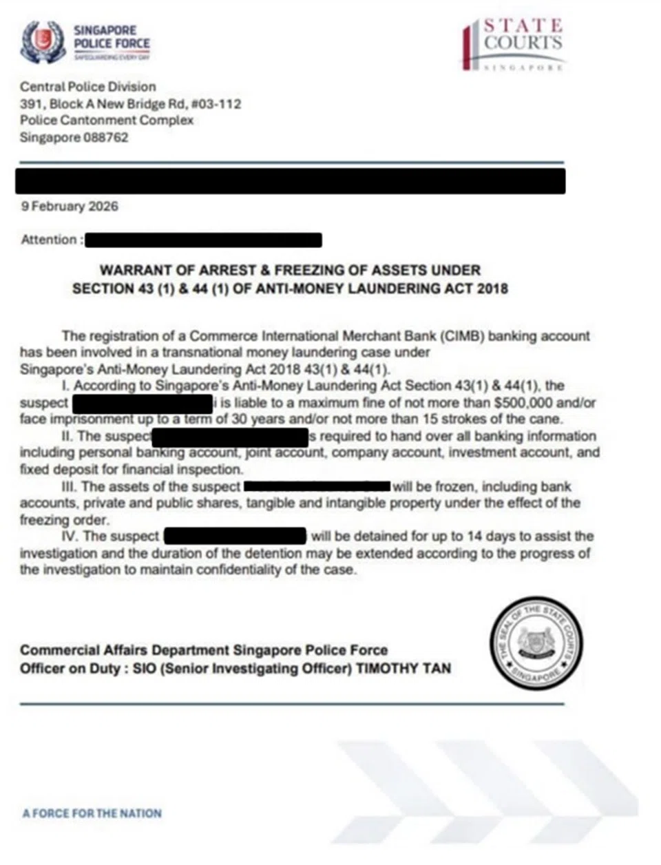 Fake warrant of arrest