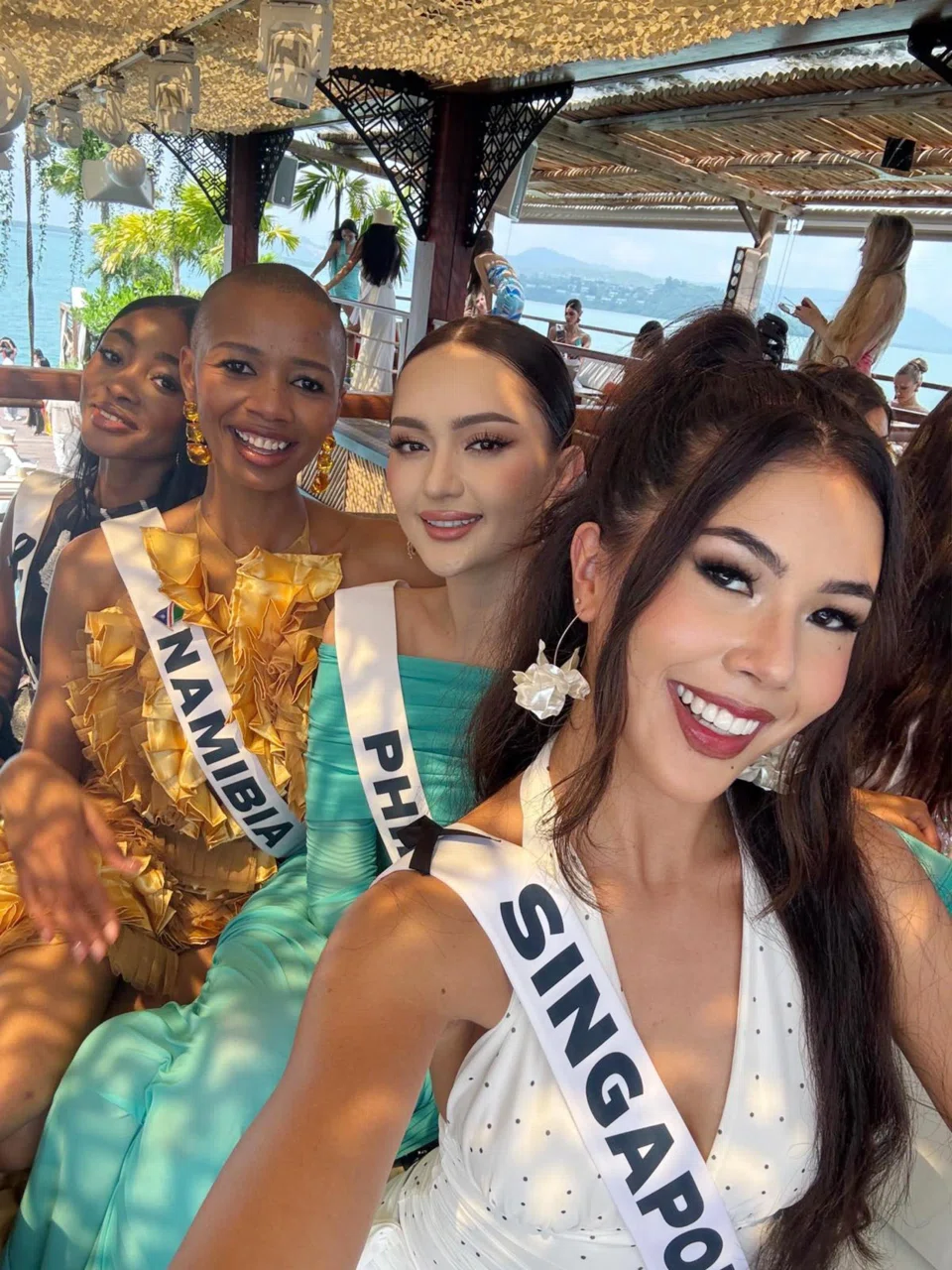 Miss Singapore Annika Xue Sager in a wefie with (from left) Miss Nigeria, Miss Namibia and Miss Philippines. PHOTO: COURTESY OF ANNIKA XUE SAGER