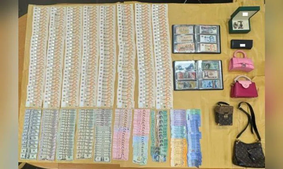 Cash amounting to about $50,000, two luxury watches and five luxury bags worth about $67,300 as well as an assortment of jewellery were purportedly stolen from a residence at Club Street. Photo: Singapore Police Force