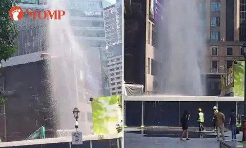 Stomper Pandi shared videos of huge amounts of water spraying into the air at a construction site as an excavator operated nearby.