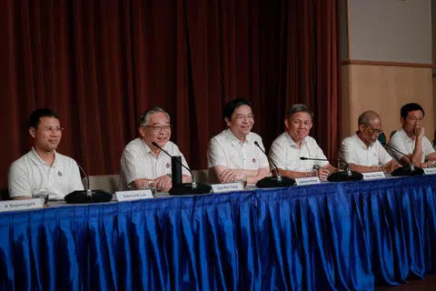 Prime Minister Lawrence Wong (third from left) and members of his current Cabinet (from left) Desmond Lee, Gan Kim Yong, Chan Chun Sing, Masagos Zulkifli and Ong Ye Kung at the post-election media conference on May 4.