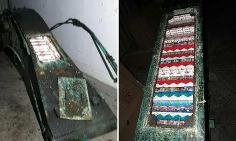 Duty-unpaid cigarettes concealed in the beams of excavator arms. The total duty and GST evaded amounted to $552,410. PHOTOS: SINGAPORE CUSTOMS