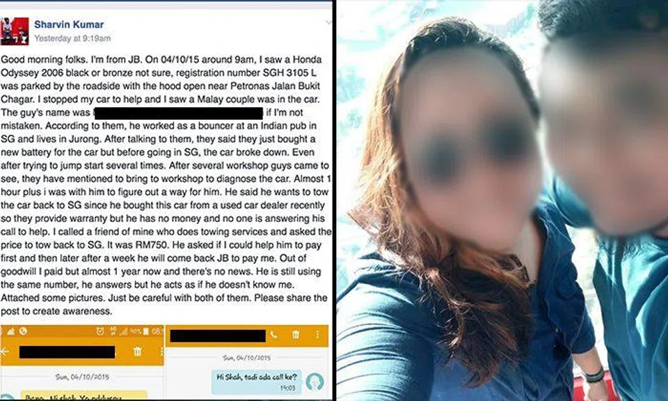 Man helps to pay for S'pore couple’s car towing service in JB -- only for them to go MIA