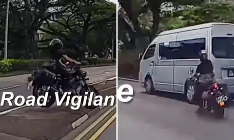 Yamaha rider 'flies' over road divider and nearly collides with van