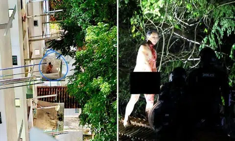He later armed himself with a chopper and a frying pan, then climbed onto the kitchen ledge before making his way to the roof of a connecting sheltered walkway, said the police, who added that the man was naked. Photo: Shin Min Daily News