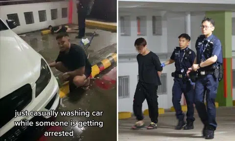 An eight-second TikTok video of the incident, with the caption “just casually washing car while someone is getting arrested” captures the incident which occurred on Monday (March 27). 