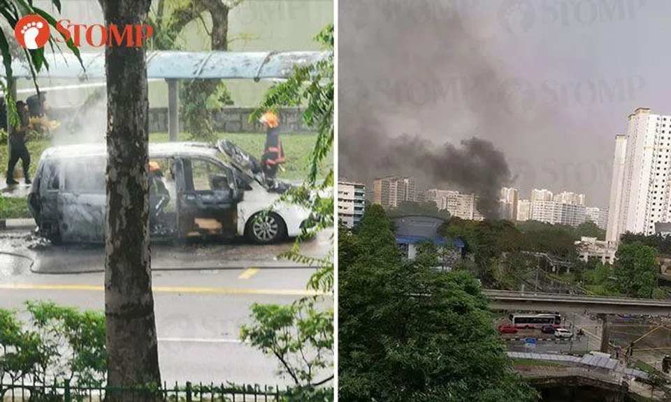 Plumes of smoke rise up to the sky after car catches fire at Bukit Panjang