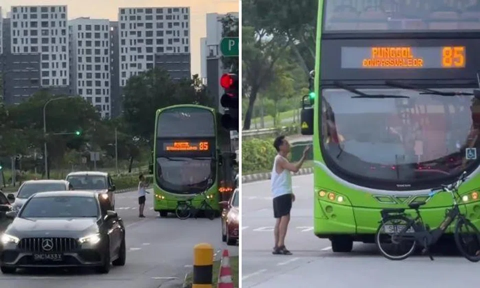 Cyclist uses bicycle to block bus on busy road and confronts driver near Punggol junction