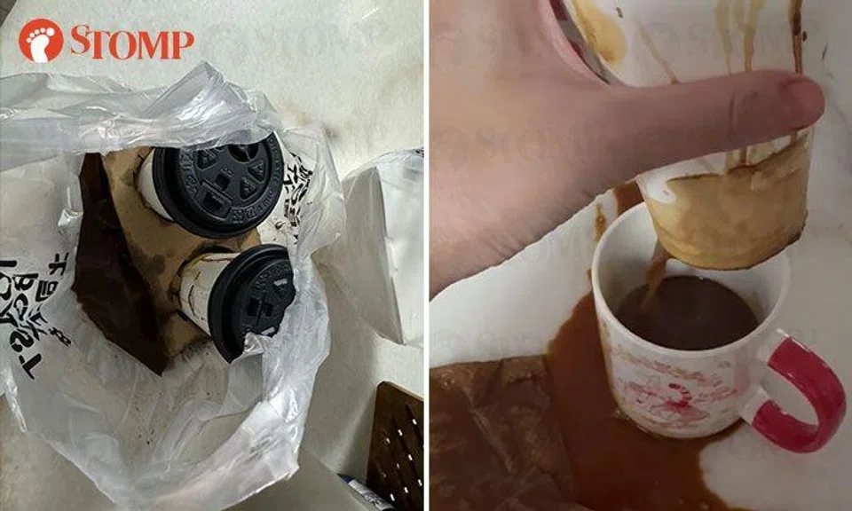 Man's Toast Box delivery order arrives with holes in cups and coffee in plastic bag