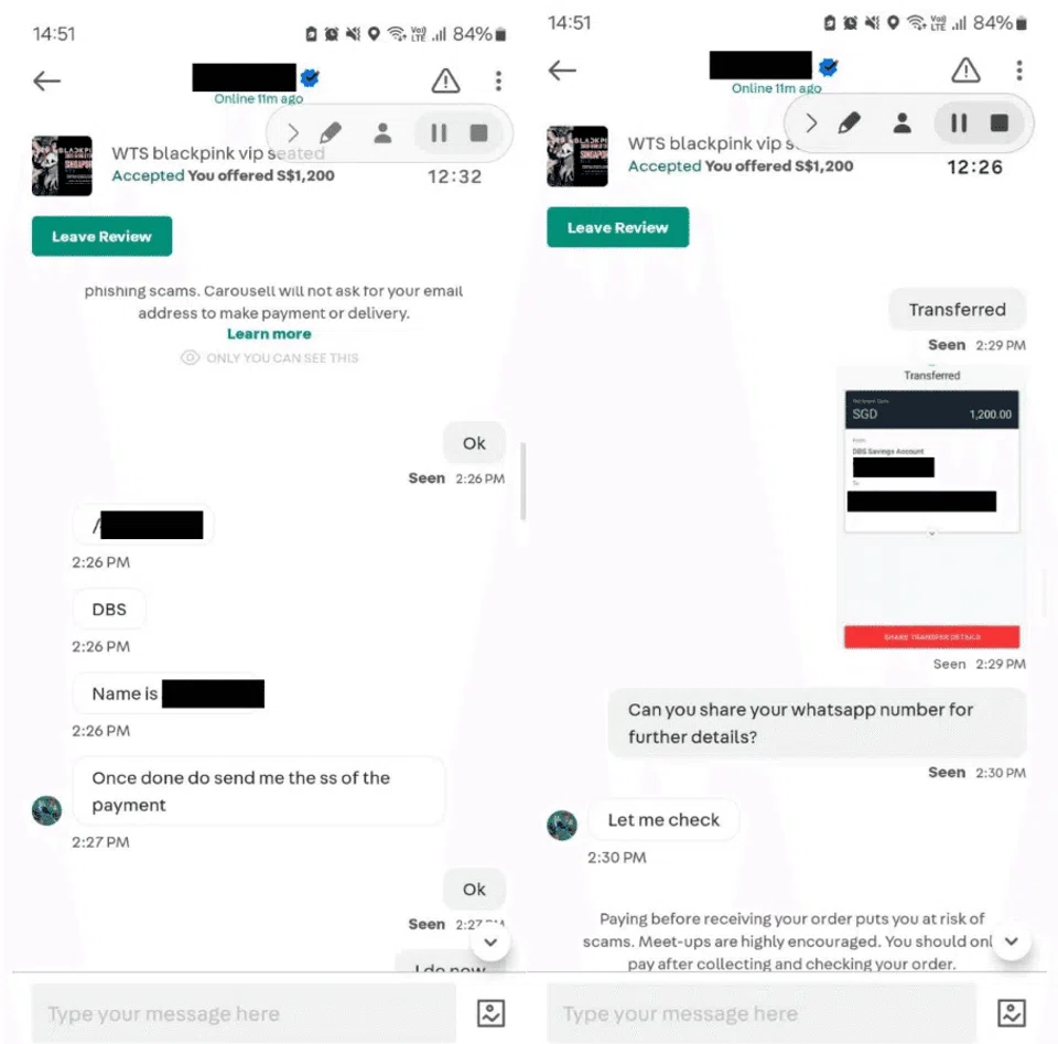 Screenshots of a conversation between a scammer and a victim. PHOTO: SINGAPORE POLICE FORCE