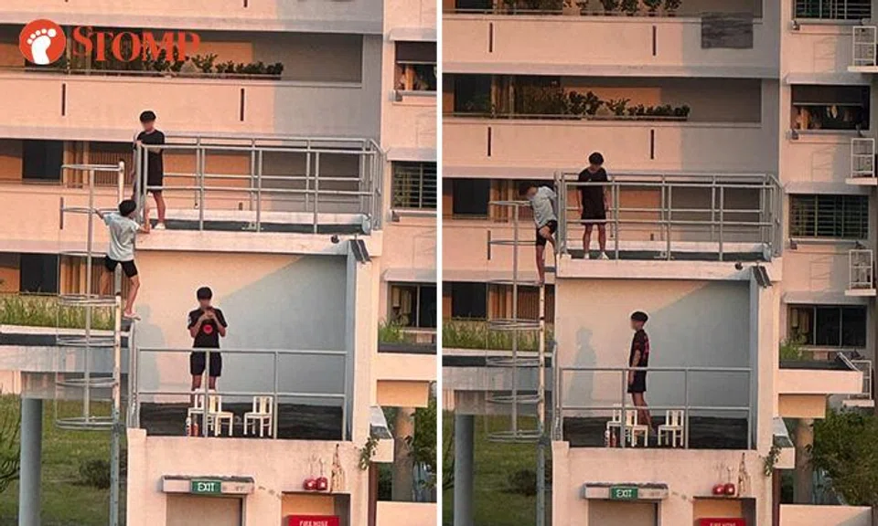 A group of boys climbed to the top of a roof at Serangoon Capeview and threw chairs and bottles from above. 
