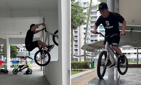 Netizens criticise youth for 'spoiling' public seating after performing bike stunts at HDB void deck