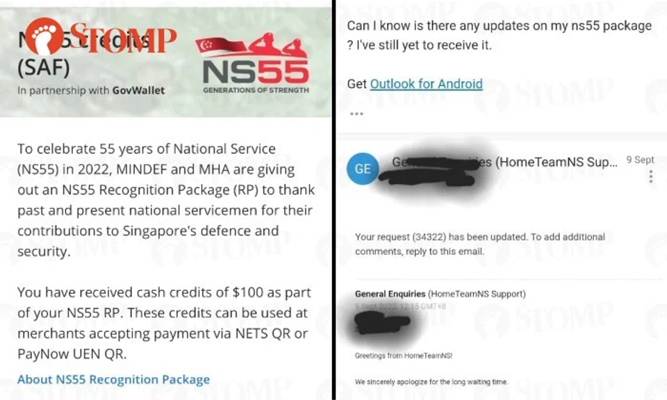 A Home Team NSman has been asking the Ministry of Home Affairs (MHA) since August why he has not received his $100 NS55 credits yet.