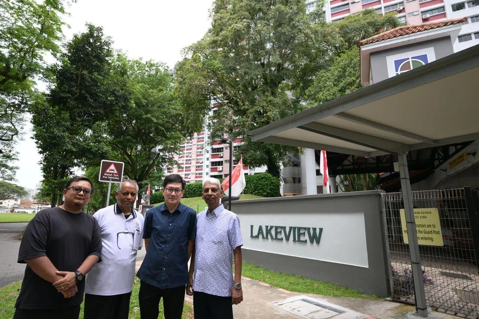 (From left) Lakeview Estate’s condo manager Abdul Shazwan, MCST council treasurer Nallan Chakravarti Raghava, professional engineer and consultant for the MCST Patrick Foong Keng Yuen and MCST council chairman B.M.R Williams.