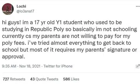 Teen raises $2k on Twitter after parents refuse to pay school fees as ''poly has no future'