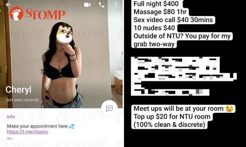 A woman offering sexual services on Telegram stated on her rate card: "Outside of NTU? You pay for my Grab two-way."