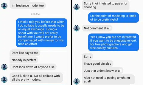 Freelance model asks photographer to shoot pics for free because "nobody is perfect"