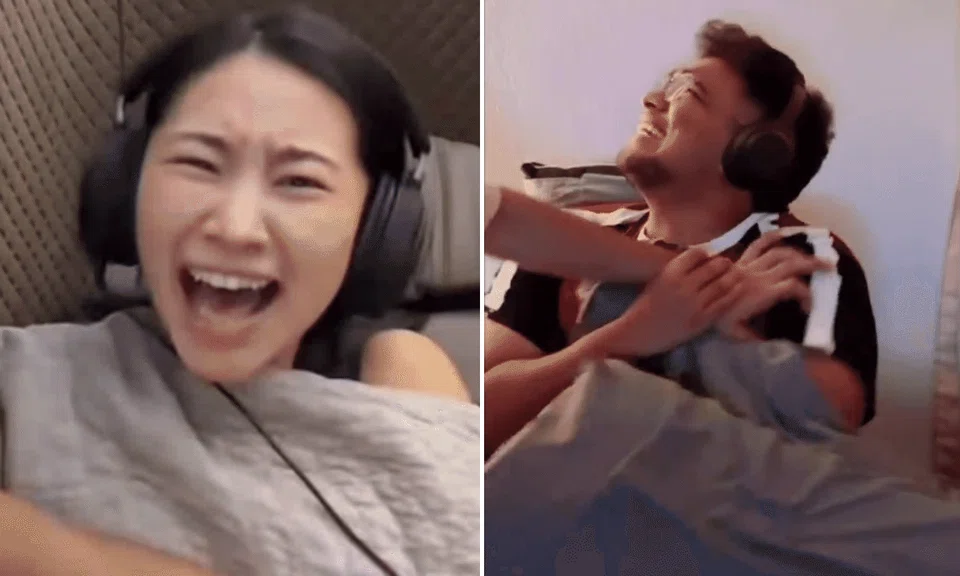 A collage of a woman with headphones screaming, and a man imitating her