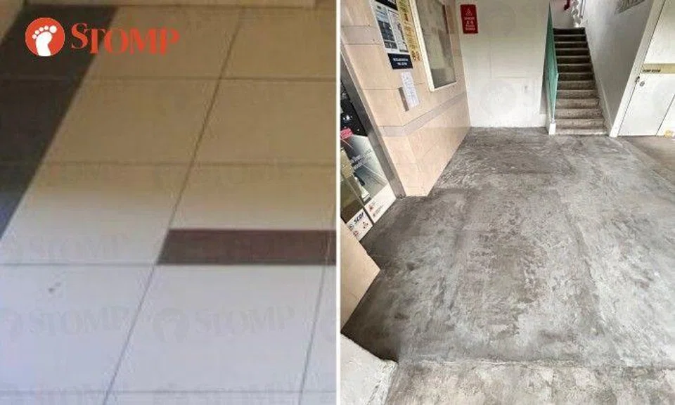 Stomper N wants to know why the "perfect" floor tiles were replaced with cement in the lift lobby of Block 101 Woodlands Street 13.