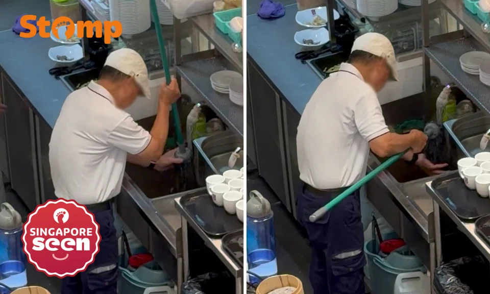 Worker washes mop in sink at Jurong Point Ya Kun outlet