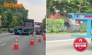 cable spools fall off trailer truck on AYE