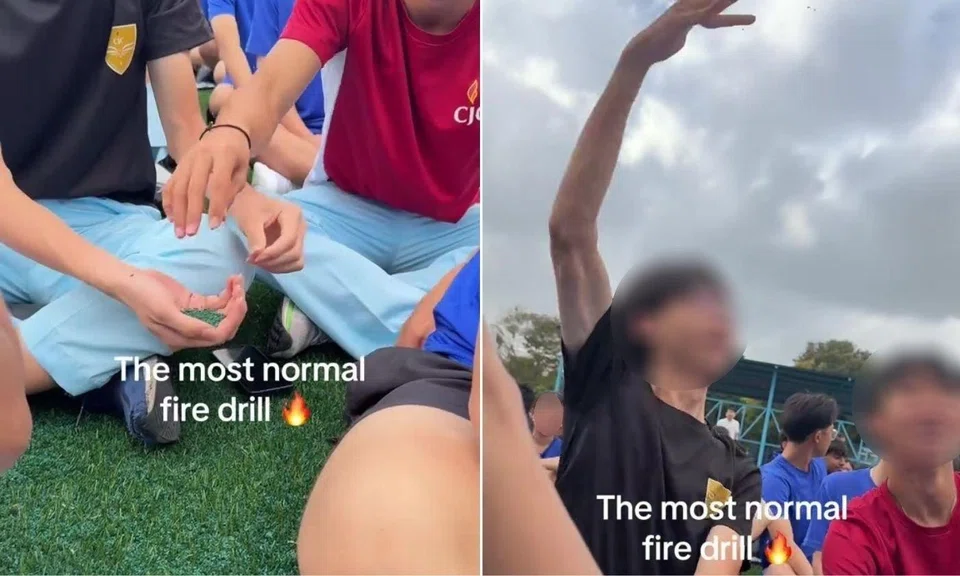 cjc students flinging dirt at other students during fire drill