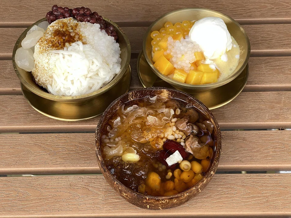 Chow Zan Dessert's (clockwise from top left) White Chendol, Mango Sago With Mango Pop And Coconut Ice Cream and Eight Treasure Cheng Tng.