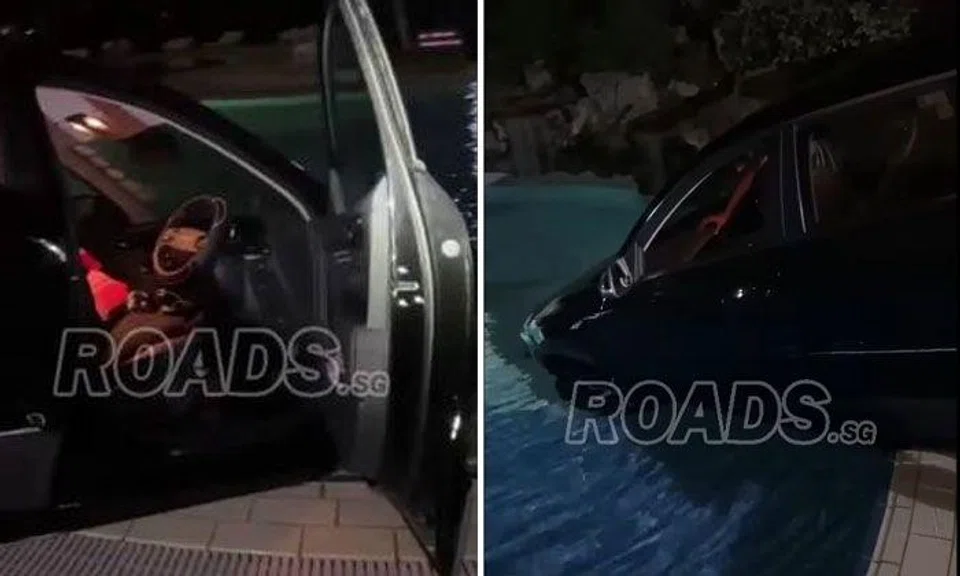 William Teng Guan How is said to have driven the car into a swimming pool at Seletar Country Club at around 9.40pm that day. PHOTOS: SCREENGRABS FROM RAODS.SG/FACEBOOK
