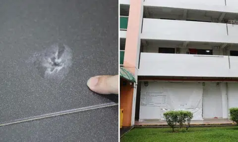 Mr Tan told Shin Min Daily News that the hole was caused by renovations in the unit below his flat. Photos: Shin Min Daily News