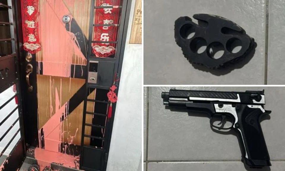 Geylang flat splashed with pink paint leads to arrest of man with drugs, knuckle duster and replica gun
