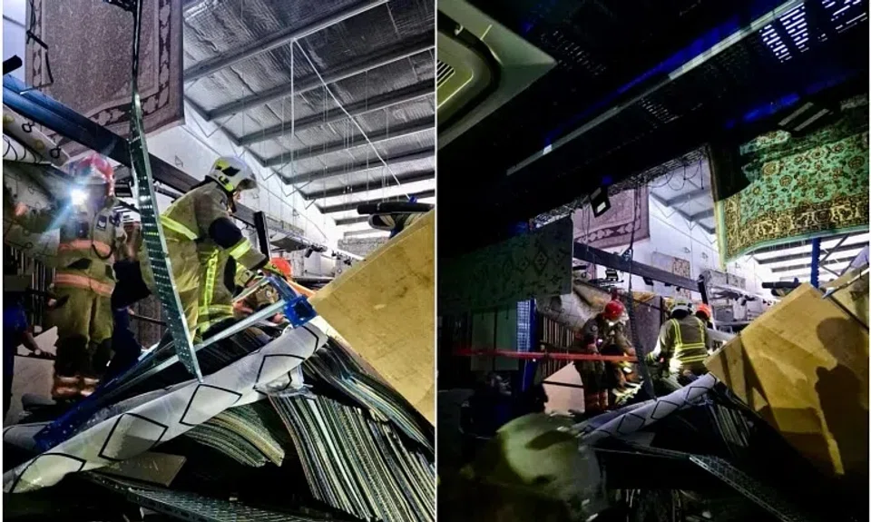 The floor at a warehouse unit in Toa Payoh collapsed and trapped three people under rugs and storage racks.