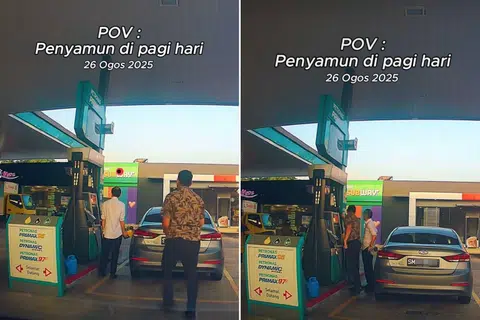 A Malaysian man could be seen pointing towards a notice at the pump.